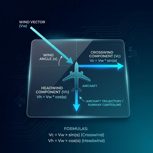 Wind vector decomposition diagram for crosswind calculation